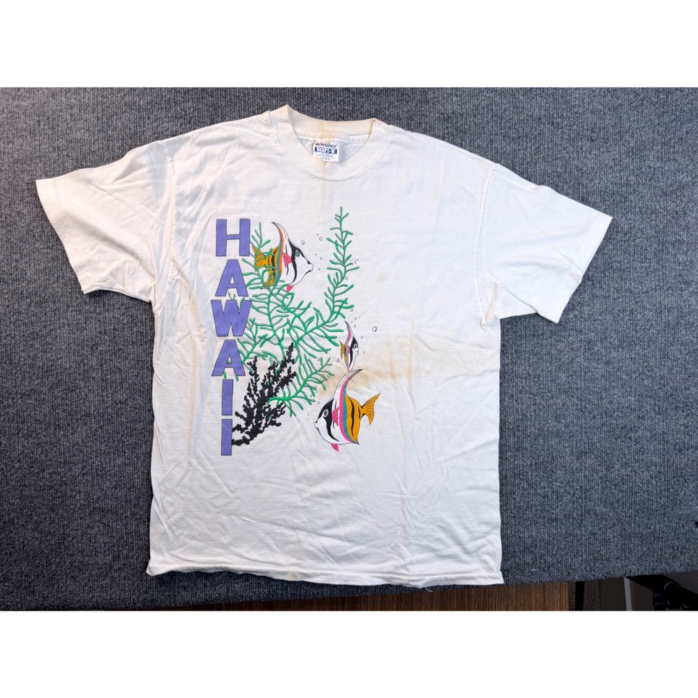 Vintage Hanes Hawaii Graphic T Shirt Large White Cotton 90s USA Made Stained L